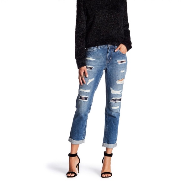 Miss Me Denim - MISS ME Torn Plaid Patch Boyfriend Ankle Jeans NWT